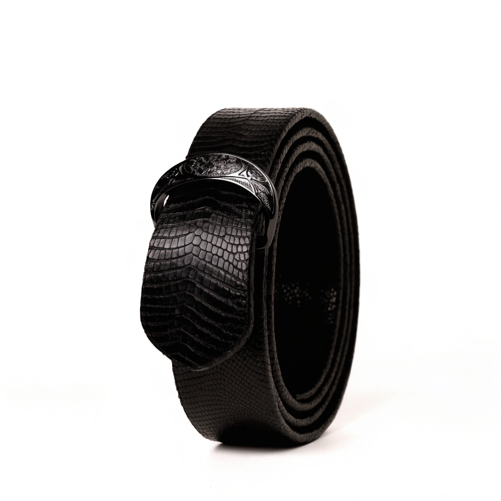 Lizard Negro black lizard cowboy belt - angled view, buckle front