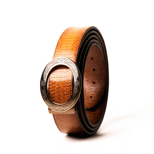 Lizard Cognac tan lizard cowboy belt - angled view, buckle front