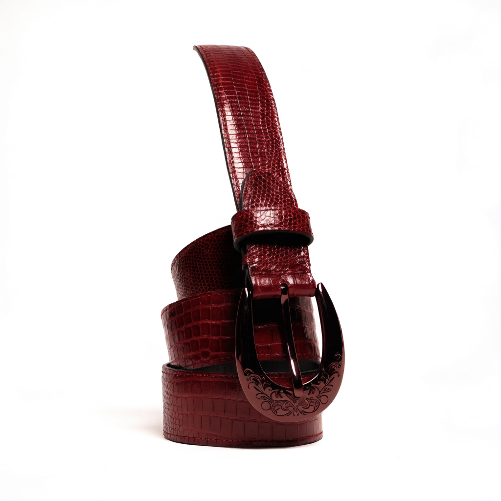 Lizard Vino burgundy lizard cowboy belt - angled view, buckle front