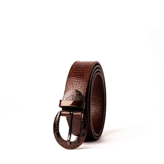 Lizard Café brown lizard cowboy belt - angled view, buckle front