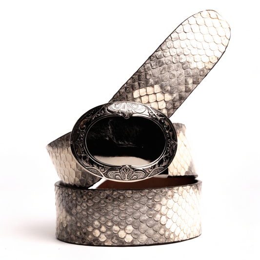 Cobra Natural exotic cowboy belt - angled view, buckle front